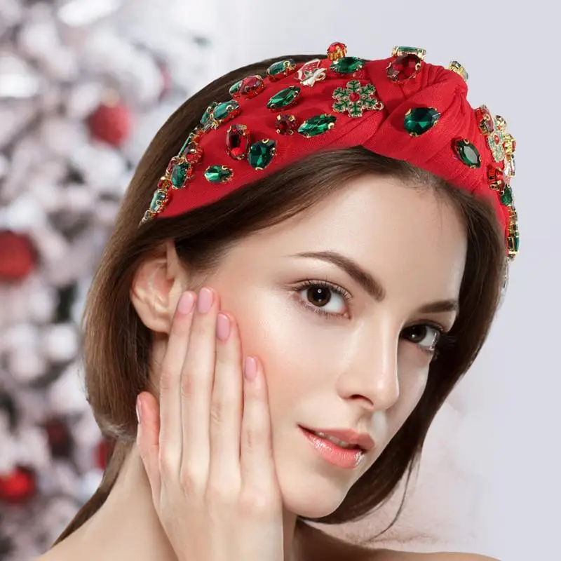 Christmas Knotted Headbands For Women Beaded Rhinestone Headbands Wide Hairband Festive Knot Hairband Holiday Christmas
