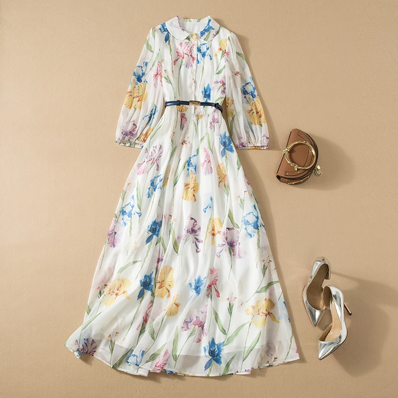

MIUXIMAO 2022 High Quality Spring&Summer Elegant Dress Half Sleeve Lapel Print Belt Fashion Casual Long Dress Women Vestides