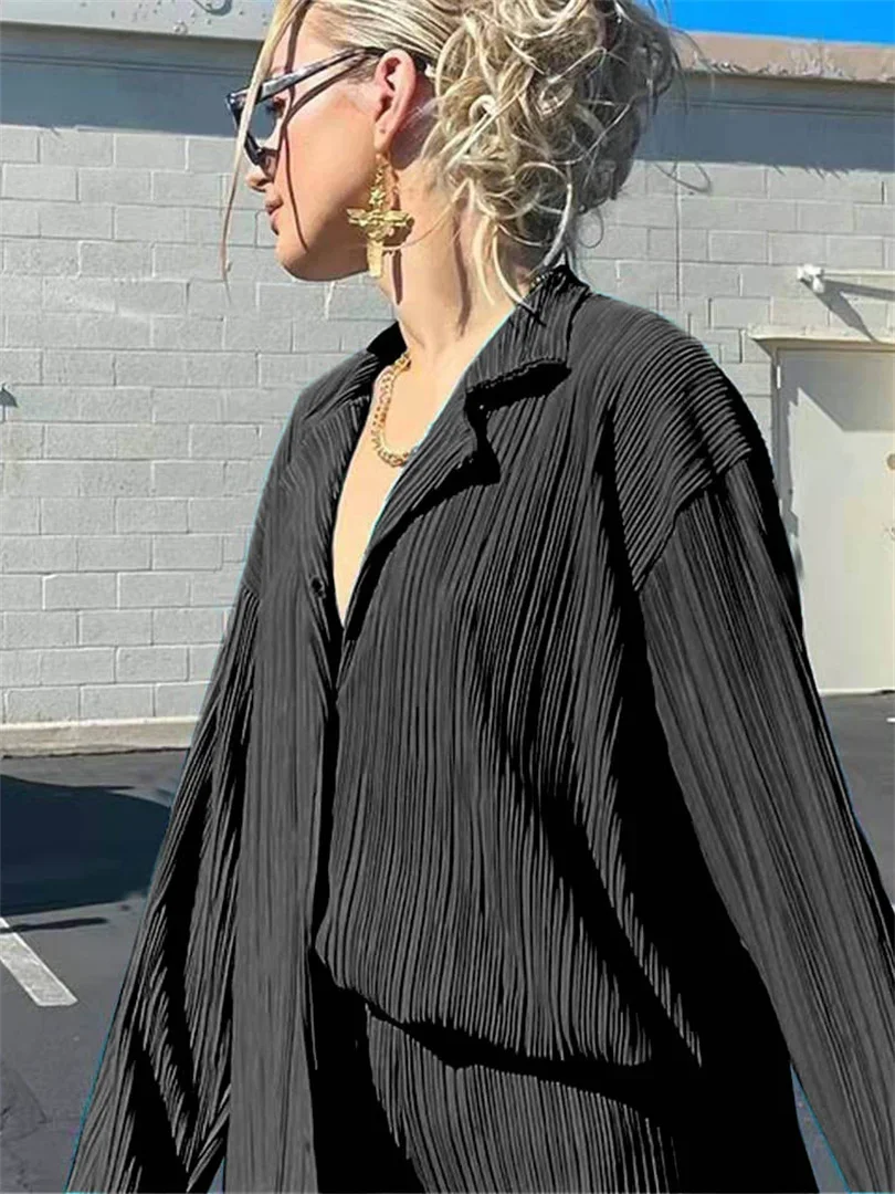 Women Pleated 2 Piece Pants Sets Spring Summer Streetwear Long Sleeve Button Down Shirt+Straight-Leg Pants Loose Outfits
