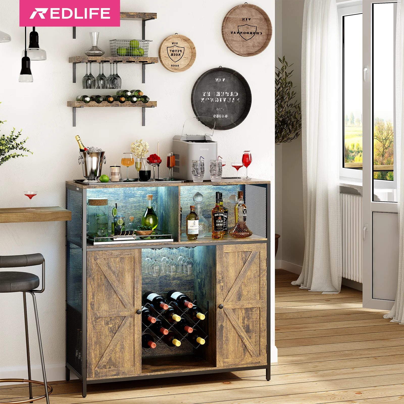 Redlife Bar Cabinet w/ Power Outlets Liquor Cabinet w/ LED Light Glass Holder Industrial Storage Buffet for Home Kitchen