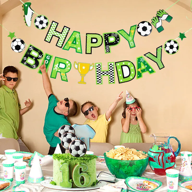 Football Theme Party Happy Birthday Banner Garland Kids Boy Soccer Birthday Decoration Favors Cupcake Topper Flags Supplies