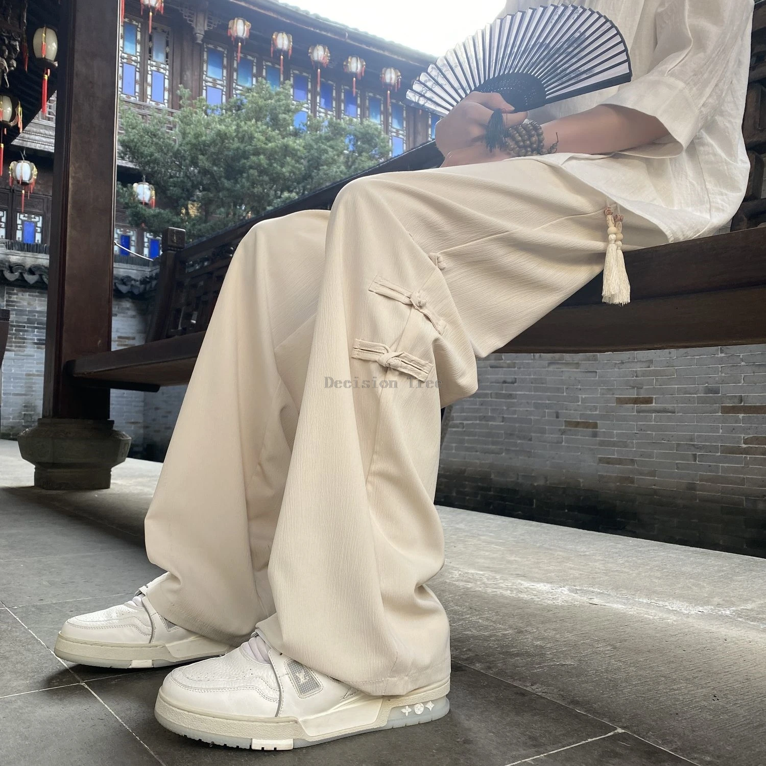 chinese style men tai chi kungfu pants loose martial arts performance straight leg pants fashionable tassel design trousers