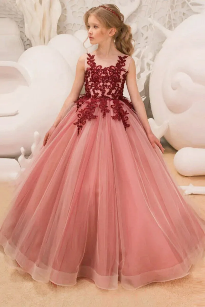 

Flower Girl Dresses Rose Red Sleeveless Tulle With Bow Fit Wedding Party Birthday First Communion Gowns