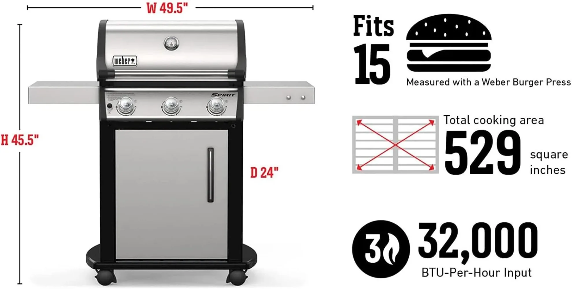Spirit S-315 Liquid Propane Gas Grill, Stainless Steel