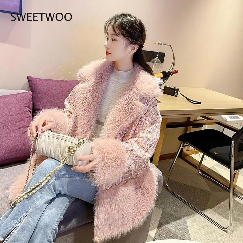 2022 Winter New Women's Fashion Sequined Woolen Blended Faux Fur Coat Long-Sleeved Loose Coat Women Streetwear