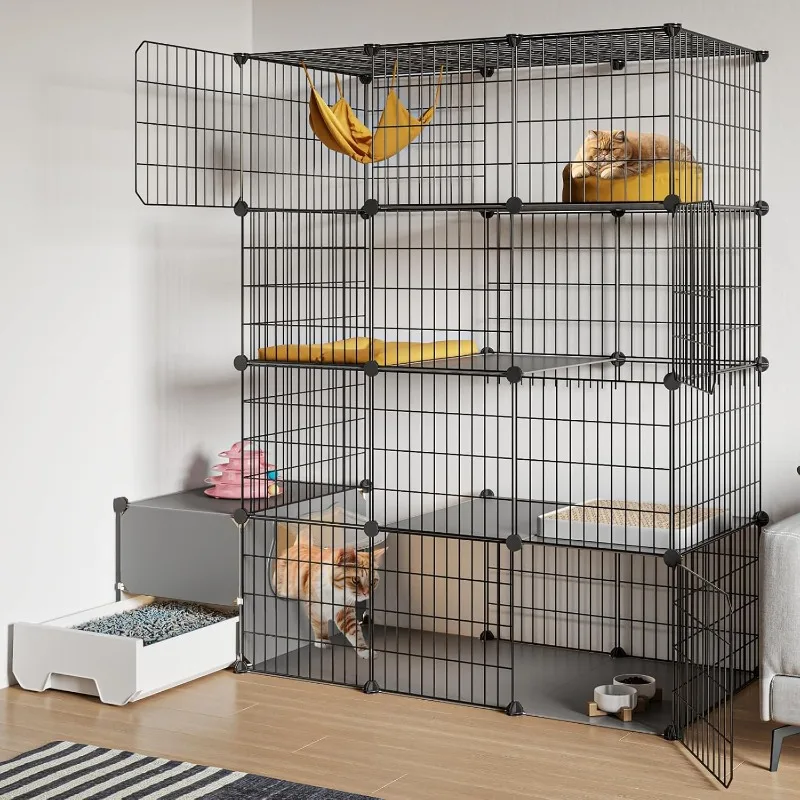 Cat Cage with Litter Box 4-Tier DIY Cat Enclosures Large Playpen Detachable Metal Wire Kennel Indoor Crate Large Exercise Place