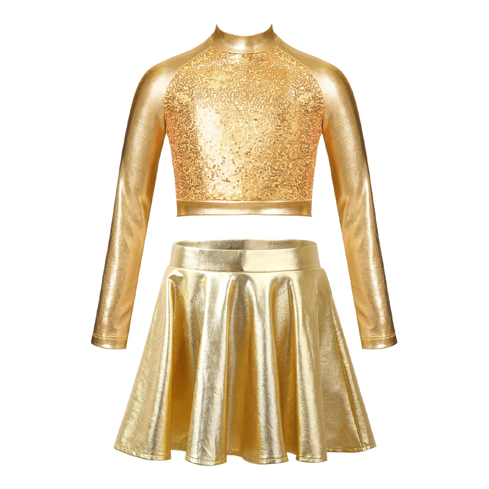 

Kids Girls Glossy Metallic Ballet Latin Dance Outfit Figure Skating Performance Dancewear Long Sleeve Sequin Crop Top Mini Skirt