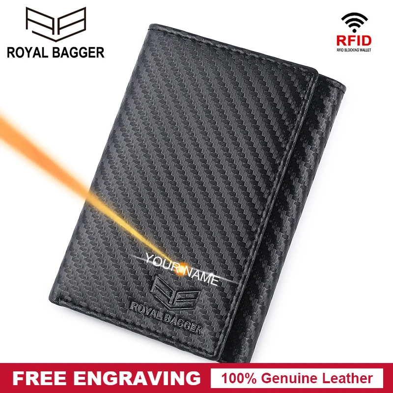 

Royal Bagger Carbon Fiber Men Short Wallet Large Capacity RFID Block Card Holder Genuine Cow Leather Wallets business Purse