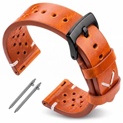 Vintage - Style Handmade Oil Wax Genuine Leather Watch Band for Men - Available in Black, Brown, Yellow, and Green (Yellow Black Clasp)
