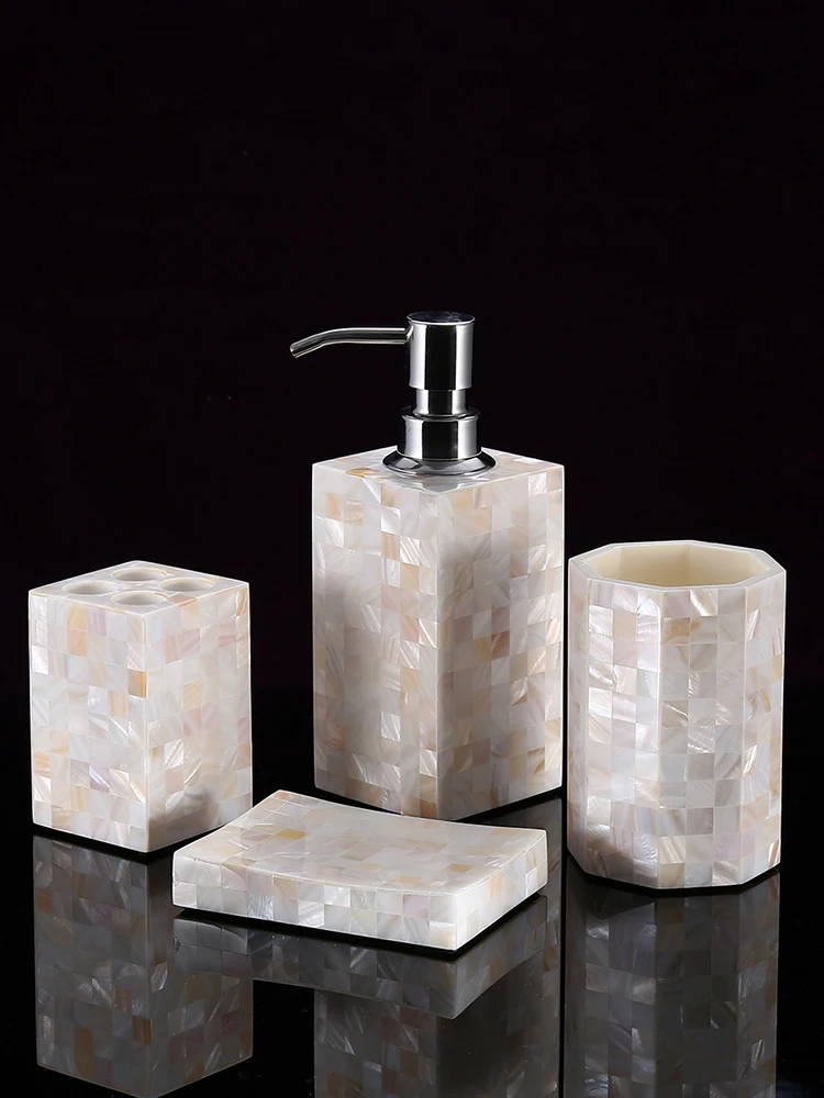 

Bathroom Accessory Set 4 PCS Beach Seashells Ensemble Set Soap Dispenser, Soap Dish, Tumble, Toothbrush Holder - Shell Resin Set