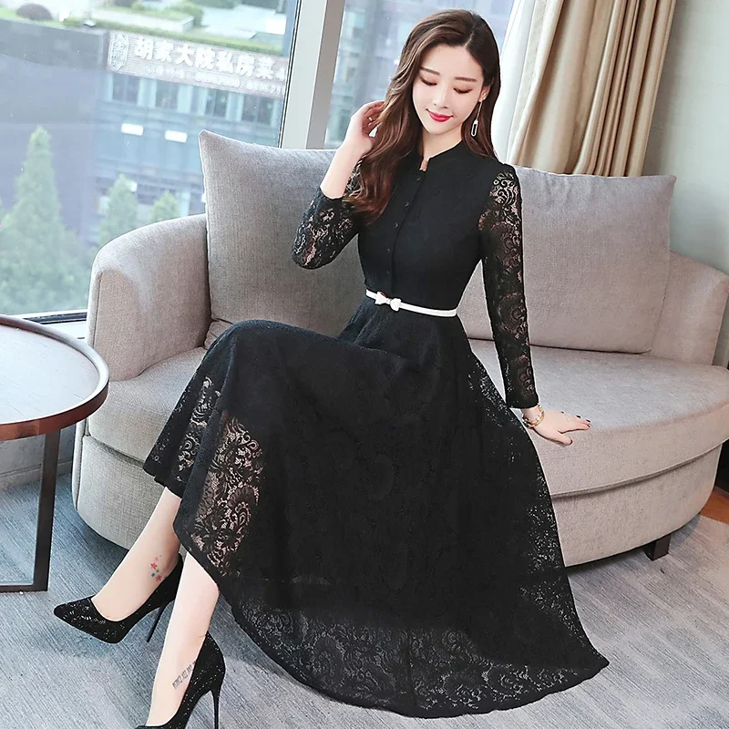 【美品】Winter Lace Belted Long Dress ネイビー Amberly Belted Lace ¾ Sleeve Gown