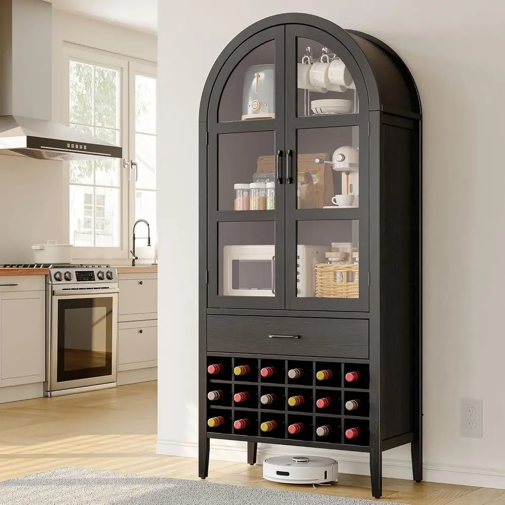 Tall Arched Wine Bar Cabinet with Storage, Bar Cabinet with Doors and Shelves, Liquor or Home, Kitchen Pantry or Dining