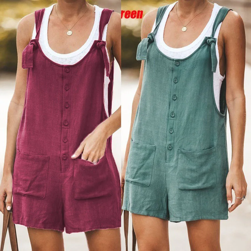 

New Women Rompers Summer Casual Loose Sleeveless Jumpsuit Solid Button Pocket Suspenders Bib Short Pants Wide Leg Playsuits 2023