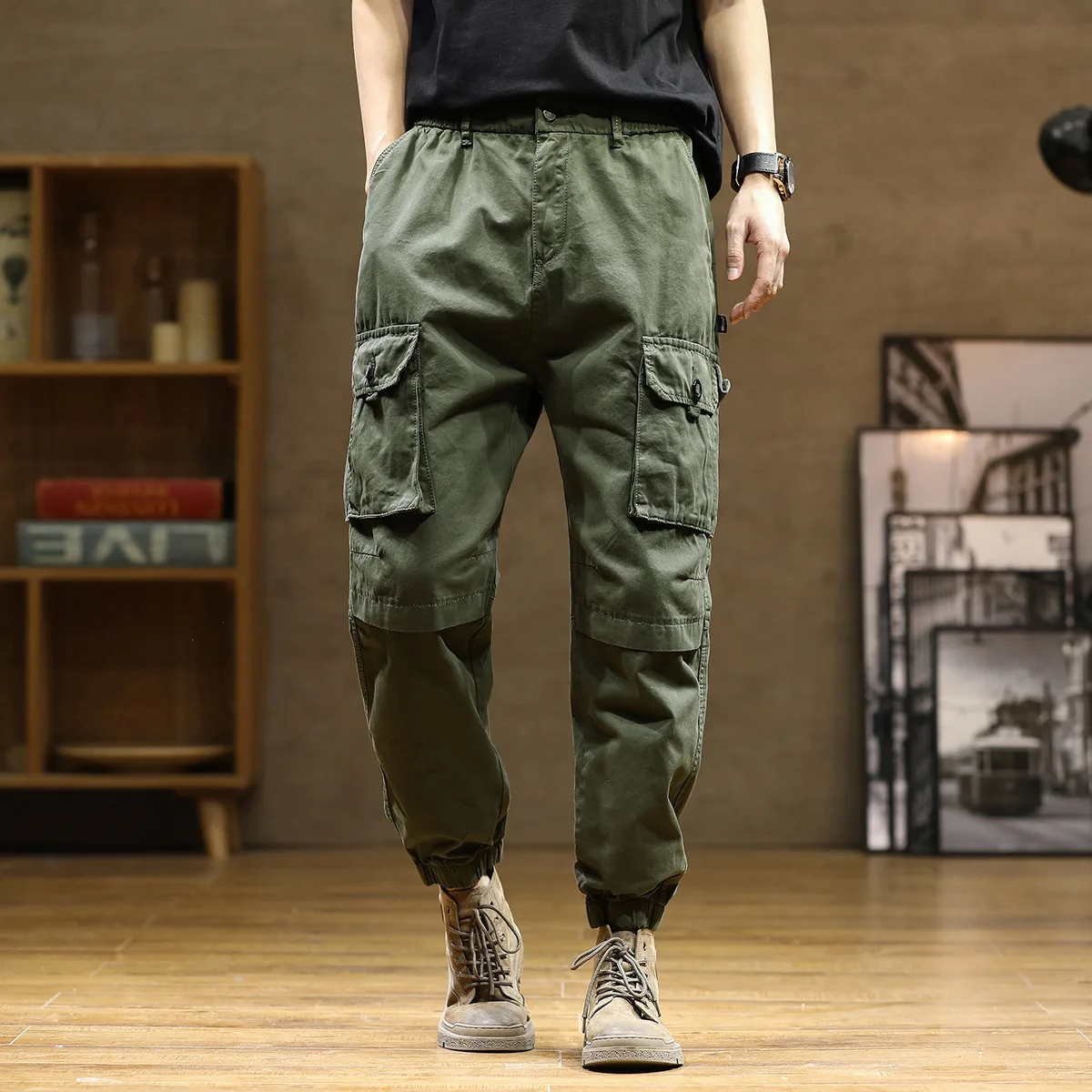 

Elmsk 2022 New Hong Kong Style Army Green Workwear Pants Men's Fashion Brand Large Loose Multi Pocket Handsome Leggings Casual S