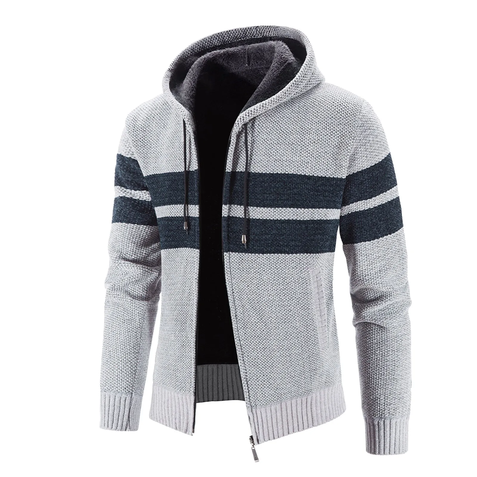 

Mens Sports Knitted Hoodies Patchwork Color Zip Up Sweatshirts Loose Pockets Drawstring Hooded Tops Fleece Thick Cardigan Coat