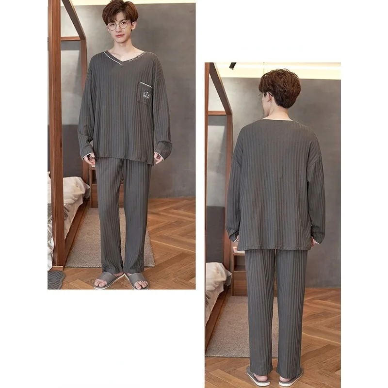 2024 New Pure Cotton Pajamas Men's Long Sleeved Spring Autumn Sleepwear Youth Plus Size Loose Loungewear Student Homewear Set