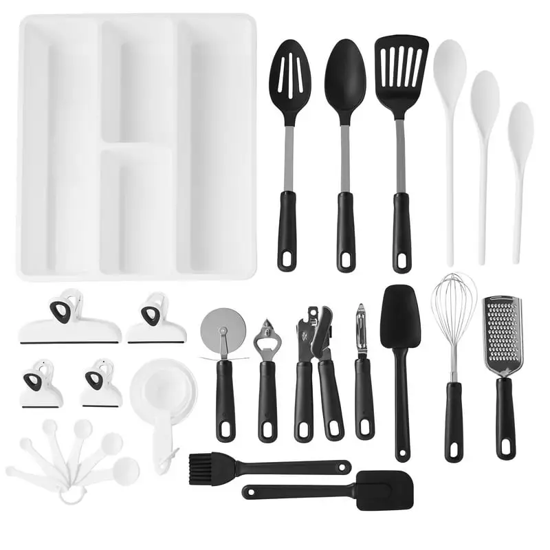 

Kitchen Gadget Set with Cooking Utensils, Measuring Cups, Clips, and Drawer Organizer, Black/White