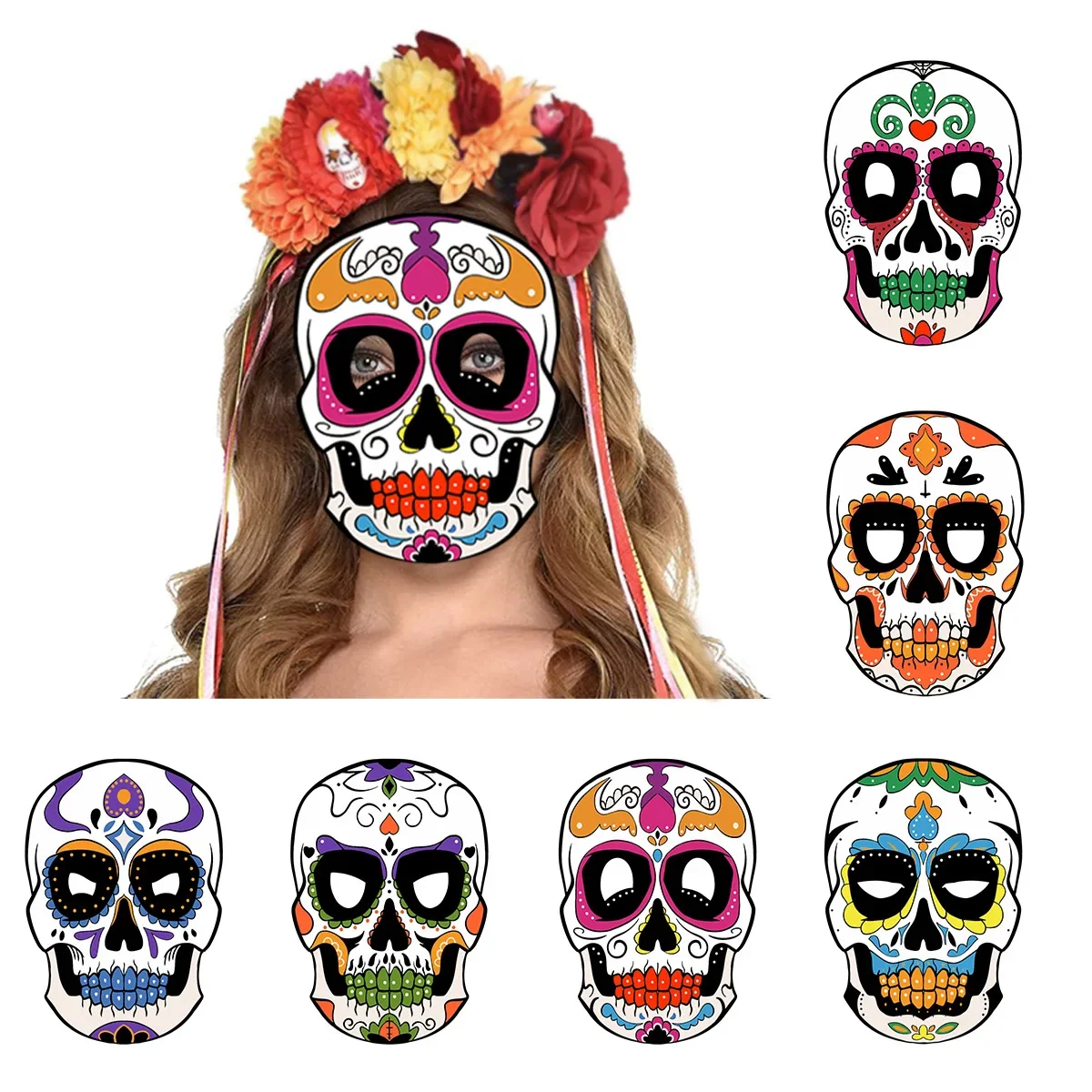 Colorful Paper Skull Dress Up Party Face Masks for Mexican Day of The Dead Theme Party Halloween Masquerade Decoration