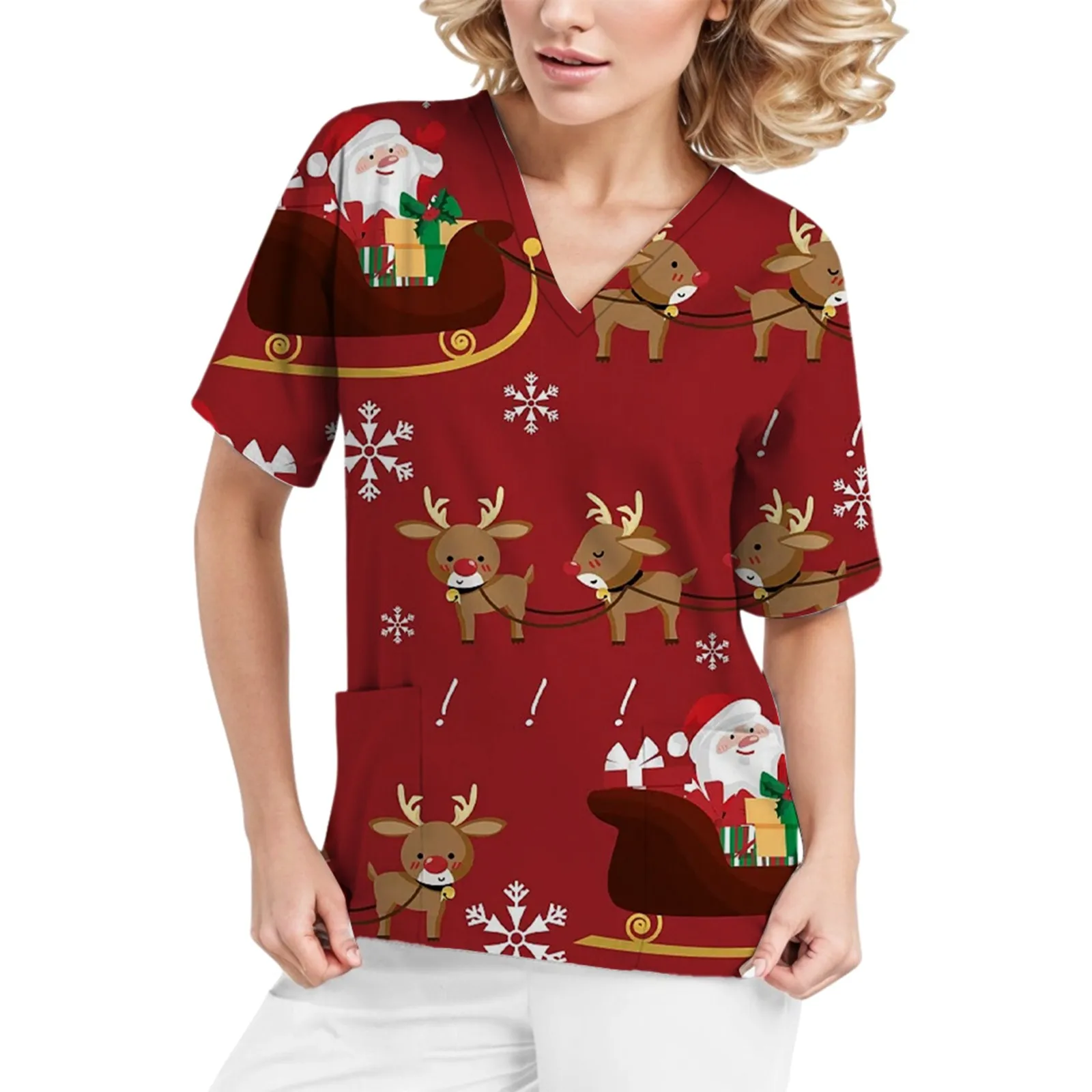 

Women Surgical Uniform Christmas Graphic Nurse Scrubs Top Overall Medical Uniform Uniforme De Enfermera Para Mujer Uniformes