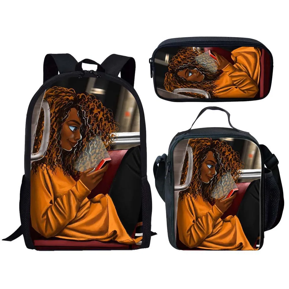 Popular Funny black African Girls 3D Print 3pcs/Set pupil School Bags Laptop Daypack Backpack Lunch bag Pencil Case