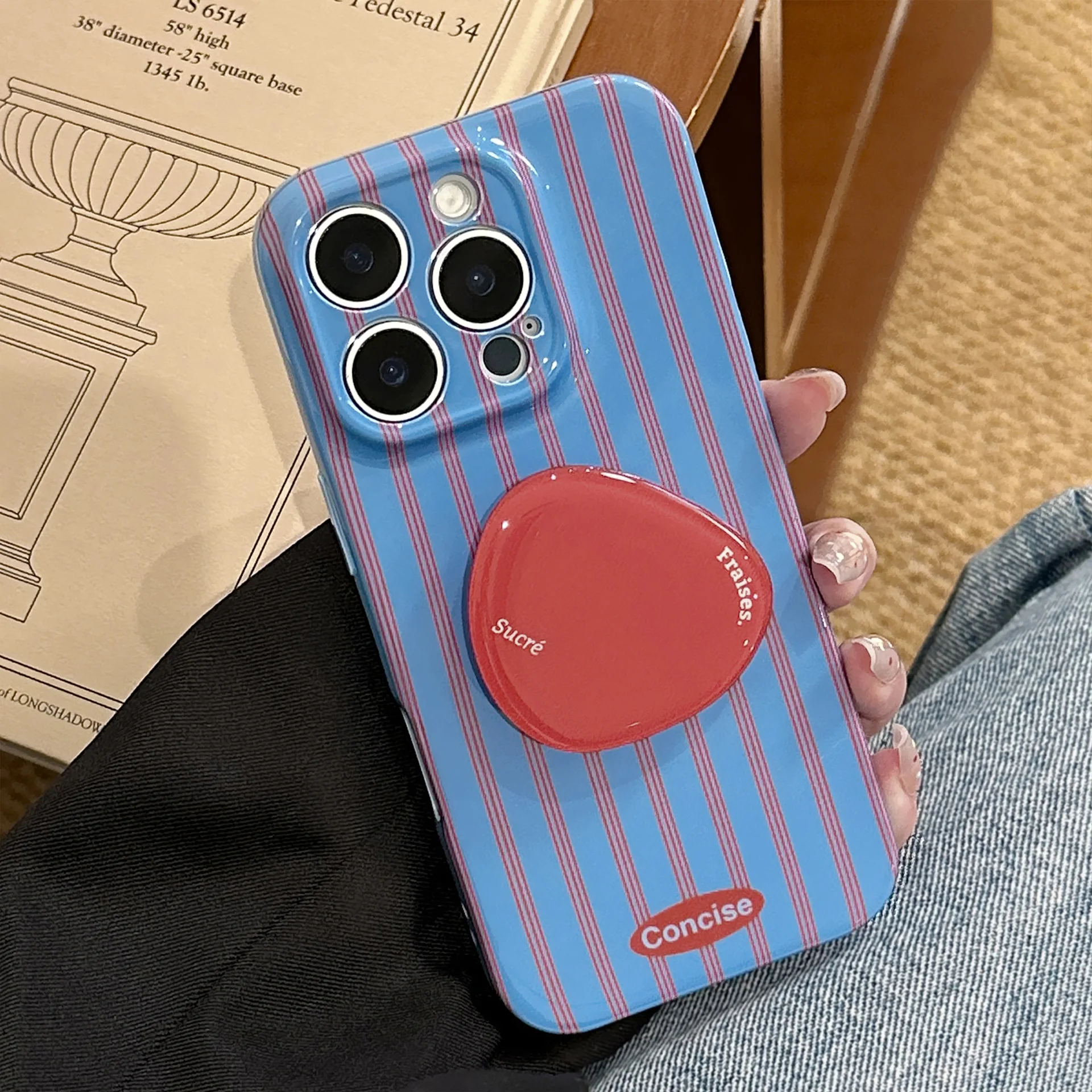 Retro Style Red Blue Striped Phone Case with Bracket - Shockproof Cover