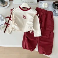 Vêtements pour filles, nouvelle mode d'automne, décoration avec nœud rouge, lettre brodée, haut à manches longues + pantalon de travail, ensemble 2 pièces, vêtements pour enfants 2
