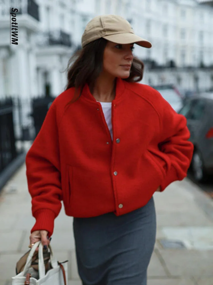 

Модное красное короткое пальто с воротником-стойкой, Женская Повседневная однобортная куртка с длинным рукавом и карманами, осенняя женская верхняя одежда 2023