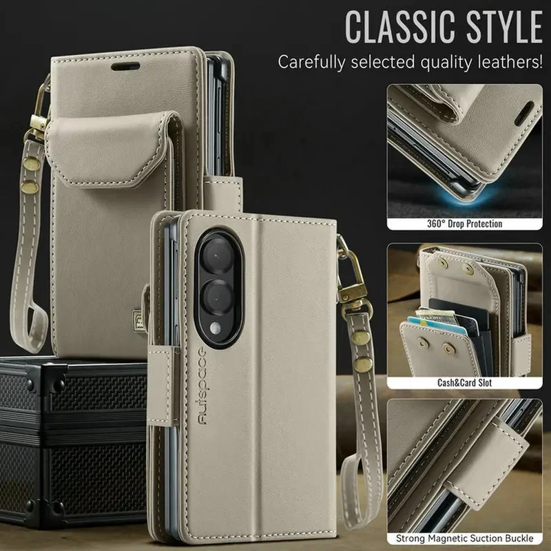 Leather Flip Wallet Case with Lanyard Strap for Foldable Phones - Shockproof Protective Cover