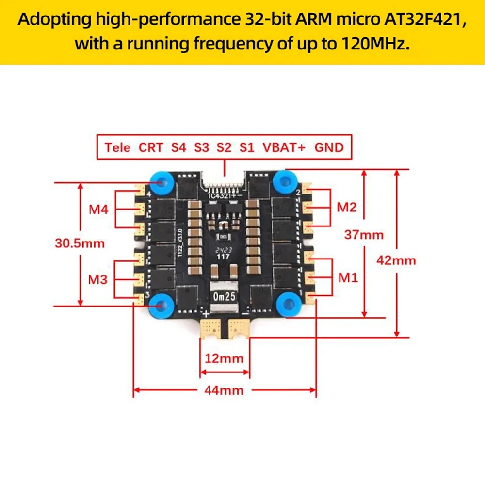 ESC 65A 4-en-1 BLHeli-S pour Drone FPV en blanc, avec dissipateurs thermiques et câbles de signal.
