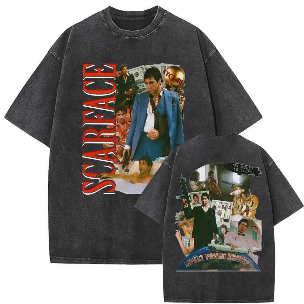 

Washed Vintage Movie Scarface The World Is Yours Al Pacino As Tony Montana T-shirts Men Rock Trend Tees Male Oversized T Shirts
