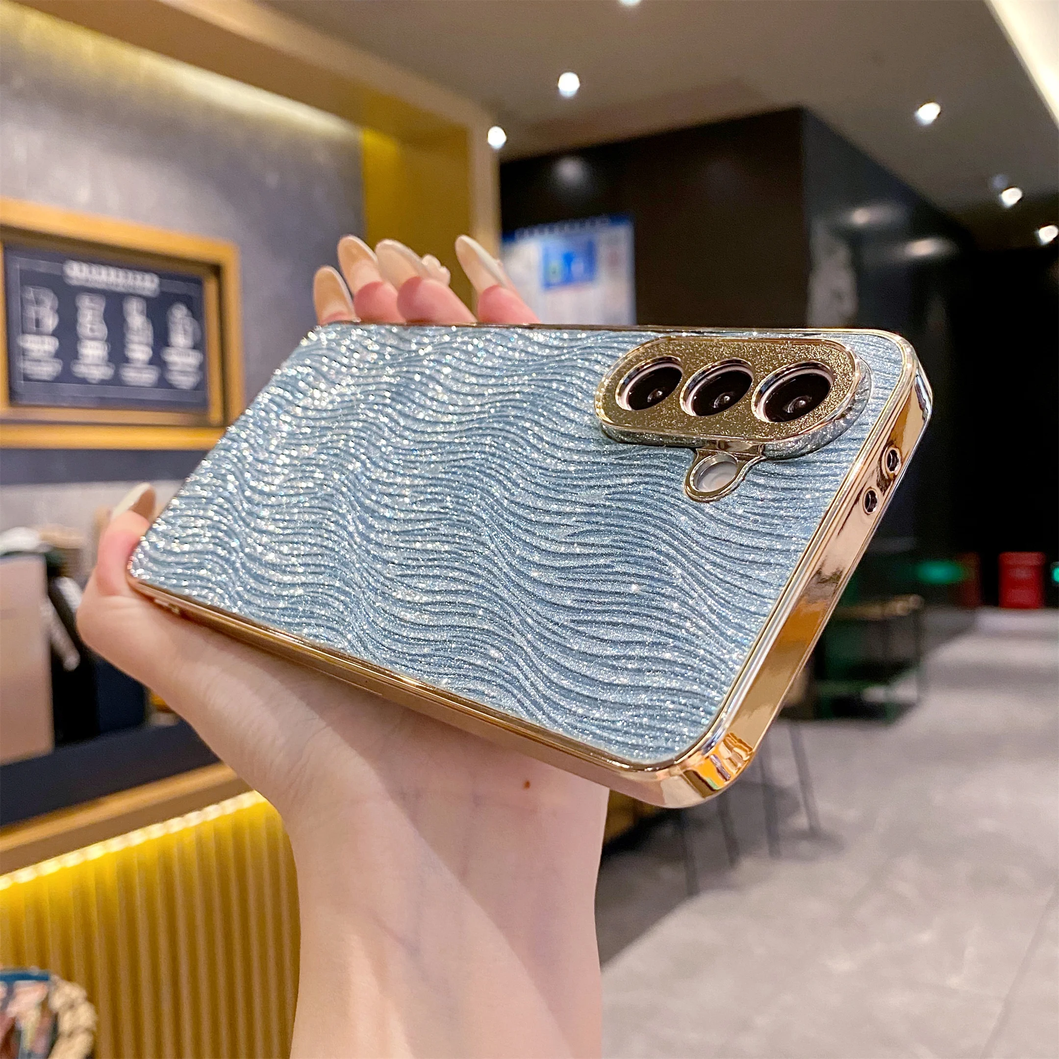 Luxury Gold Plating Matte Cover with 3D Wave Texture and Glitter Finish