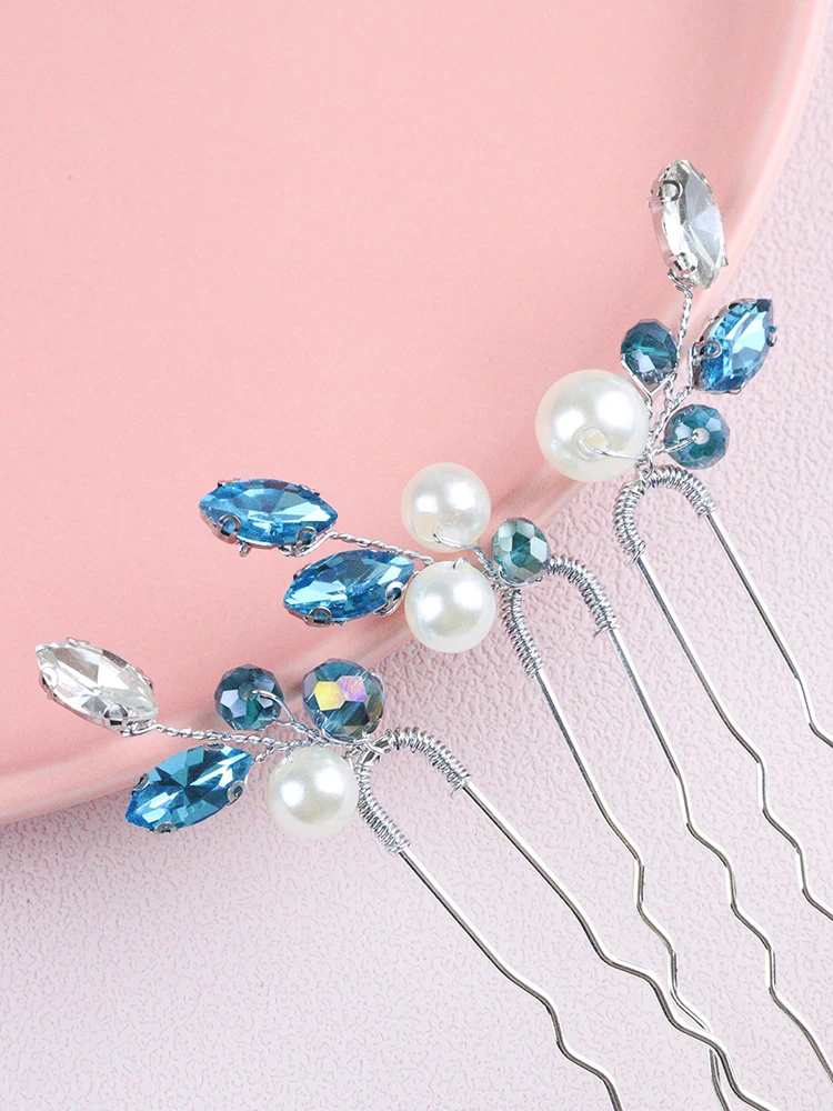 5PCS Light Blue Hair Pins for Women Rhinestone Head Jewelry Handmade Pearls Wedding Hair Accessories Party Bride Clips
