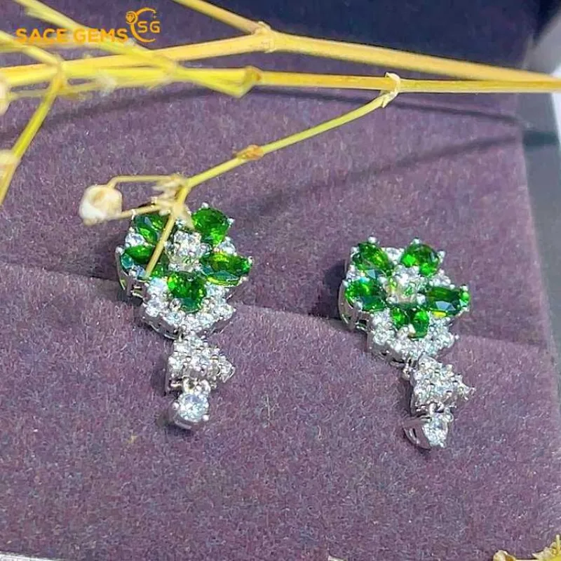 

SACE GEMS Fashion Jewelry Earrings for Women 925 Sterling Silver 3*4MM Natural Diopside Stud Earrings Wedding Party Fine Jewelry