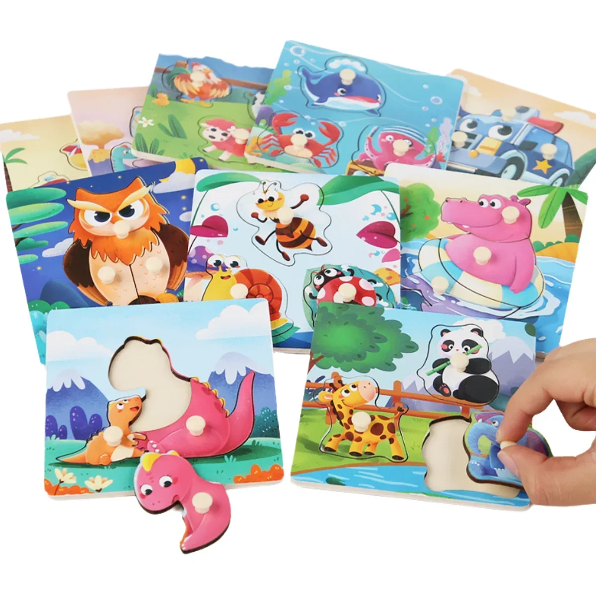 Baby toys Montessori Wooden Puzzles Children Toys Hand Grab Board Animals Cognition Educational Learning For Kids 1-3 Years