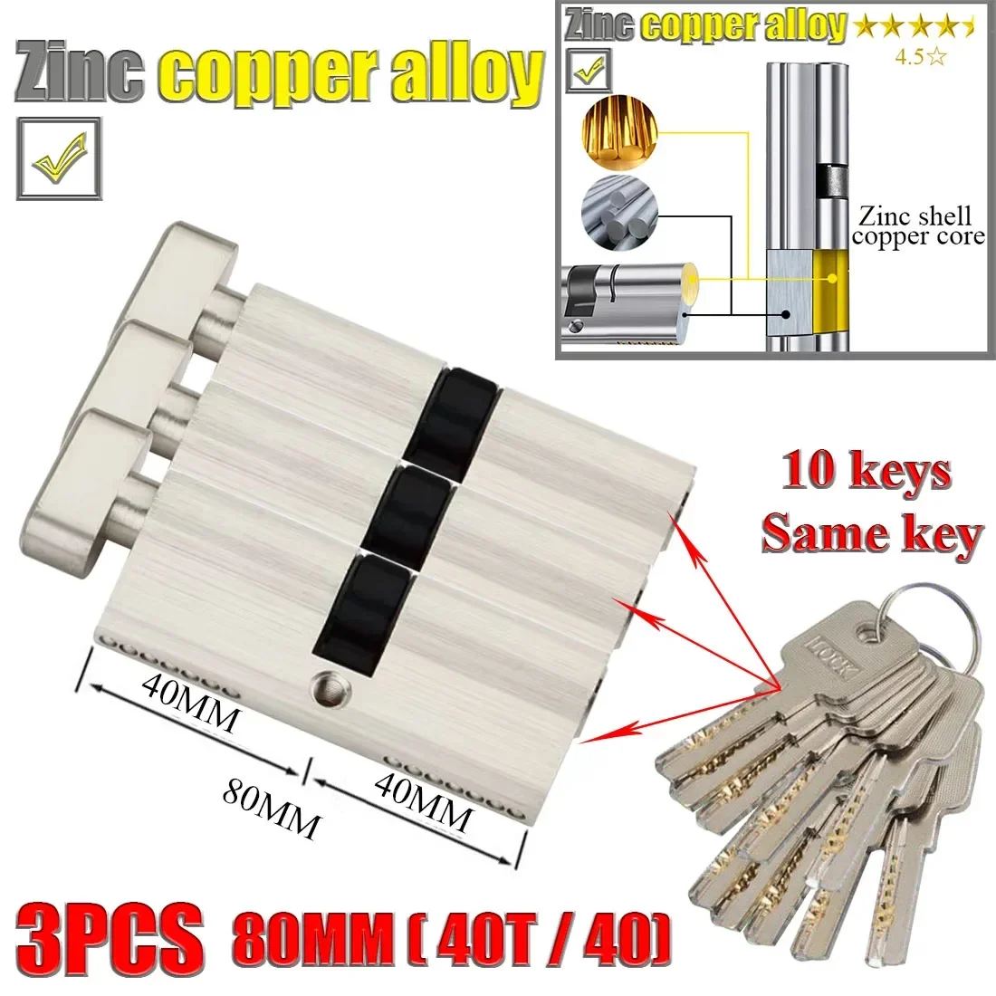 Door Lock Cylinder Customize 1 key to unlock 70mm and 80mm knob entrance door Same key
