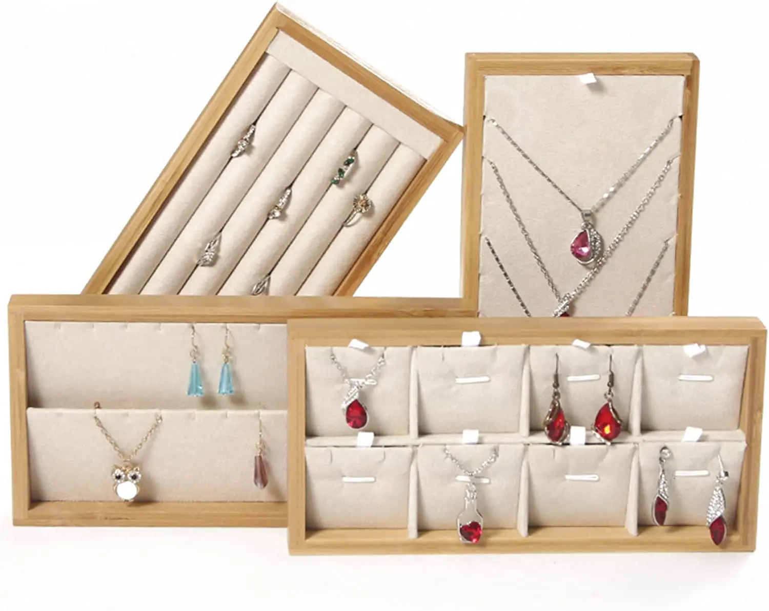 

Storage Tray Bamboo Jewelry Organizer Showcase Ring Earrings Display Holder