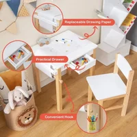 Kids Table and Chair Set, Toddler Study Desk w/Paper Roll, Drawer, 2 Marker Pens, Wooden Activity Table Set for Playroom 2