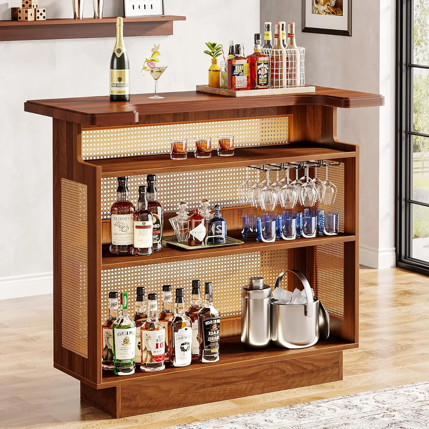 Little Tree Rustic Home Bar Unit, Rattan Table With 4 Tiers Storage, Liquor Wine Cabinet Mini Table For Home Pub