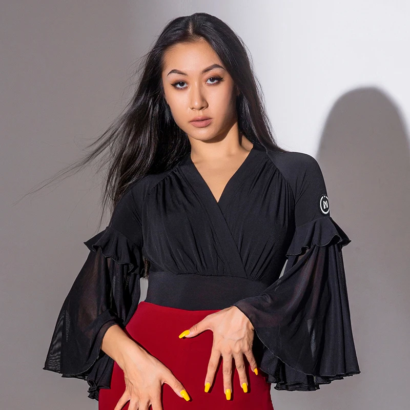 

2023 New Latin Dance Costumes For Women Flared Sleeved Chacha Rumba Tango Shirts Modern Dance Latin Performance Clothes DN15534