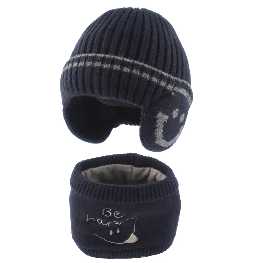Cartoon Cute Baby Hat Scraf Set Winter Fleece lining Ear Protection Children Cap Outdoor Windproof Warm Knitted Kids Beanie Hats