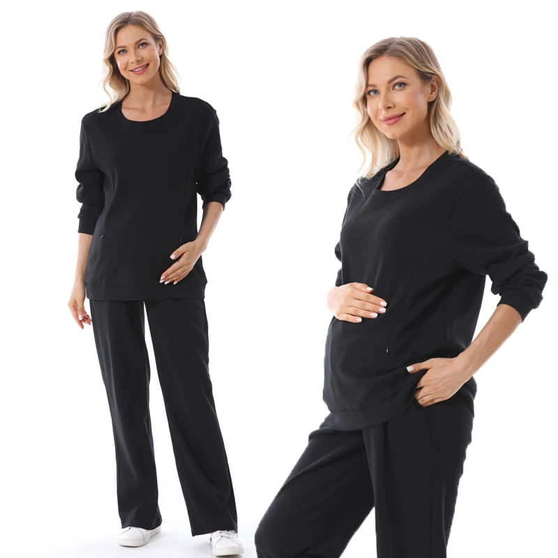 New Winter Maternity Lounge Wear Set Warm Cotton Waffle Breastfeeding Sweater And Long Trousers Pregnancy Casual Style