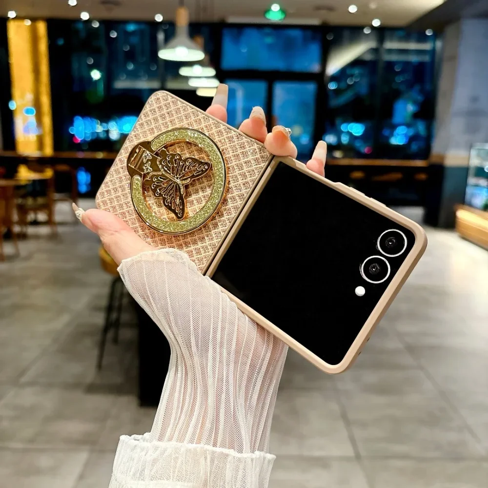 Luxury Leather Cartoon Butterfly Bracket Protective Flash Phone Case