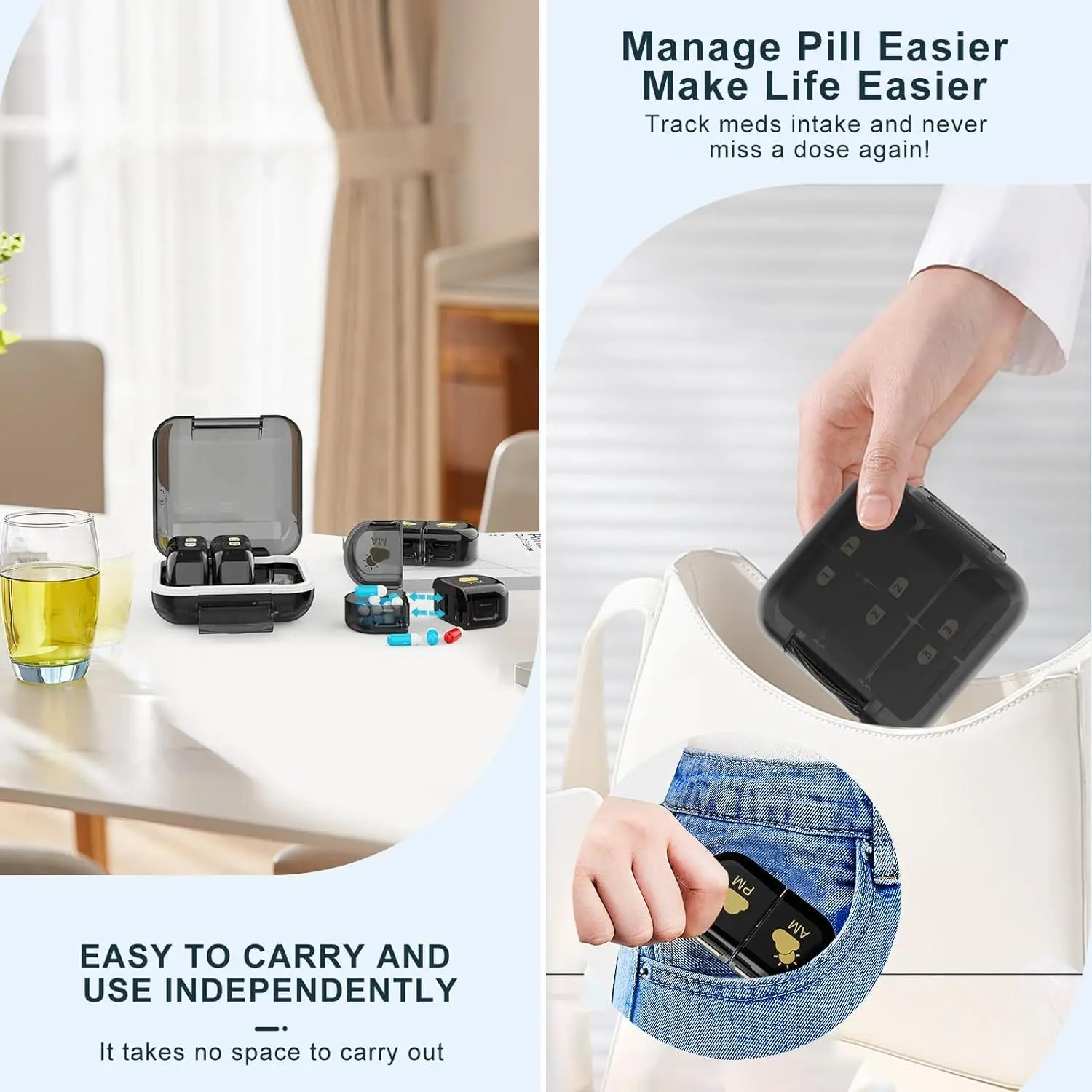Pill Box Organizer Removable 2 Compartments Small Pill Box AM PM Portable 3 Day Travel Pill Organizer Daily Storage Container