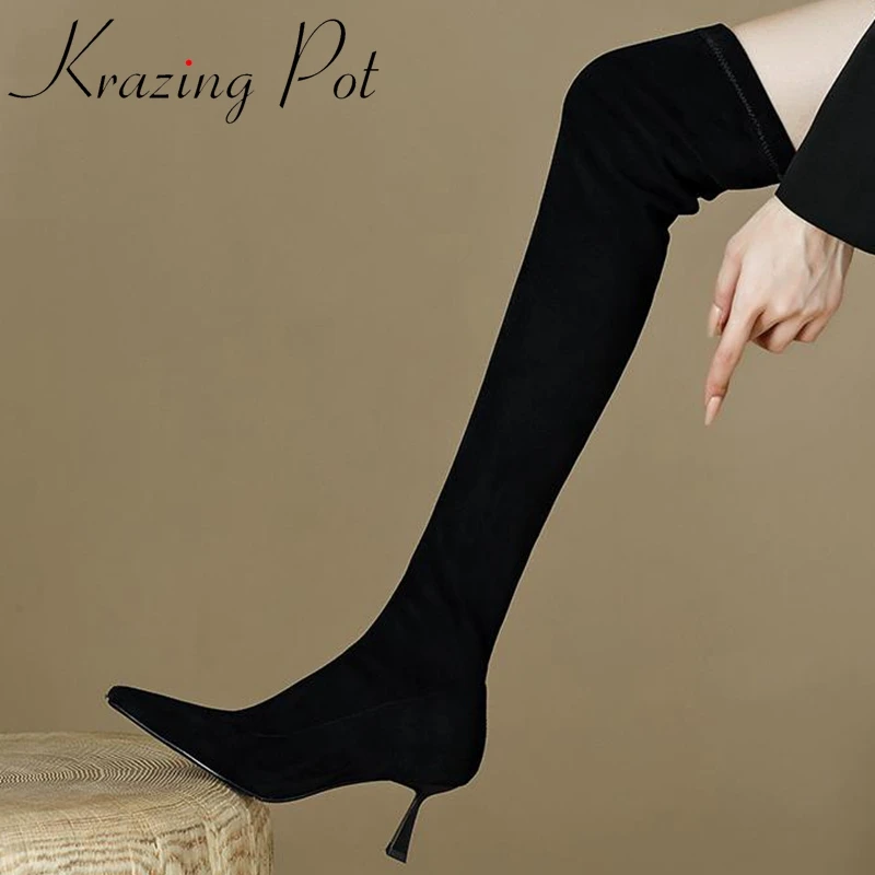 

Krazing Pot Pointed Toe High Heels Thin Leg Riding Long Boots Big Size 42 Retro Fashion Joker Sexy Slip on Over-the-knee Boots