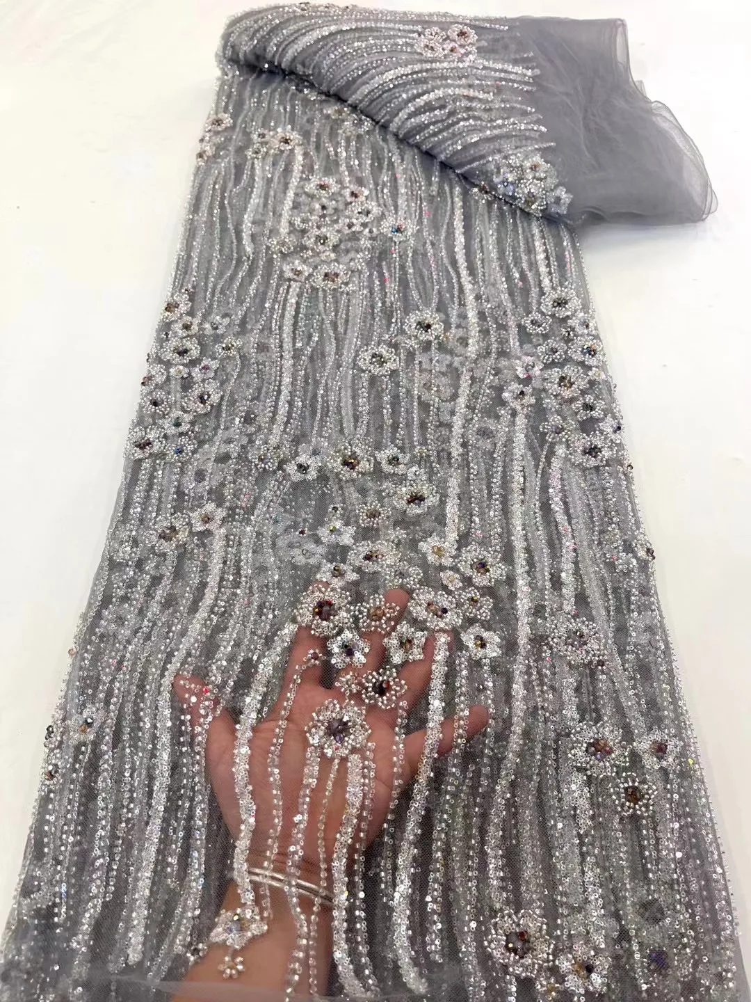 

New Arrival Heavy Handmade Beaded Design 2023 High Quality African Sequins Lace Material Luxury Sewing Fabric for Women Dress