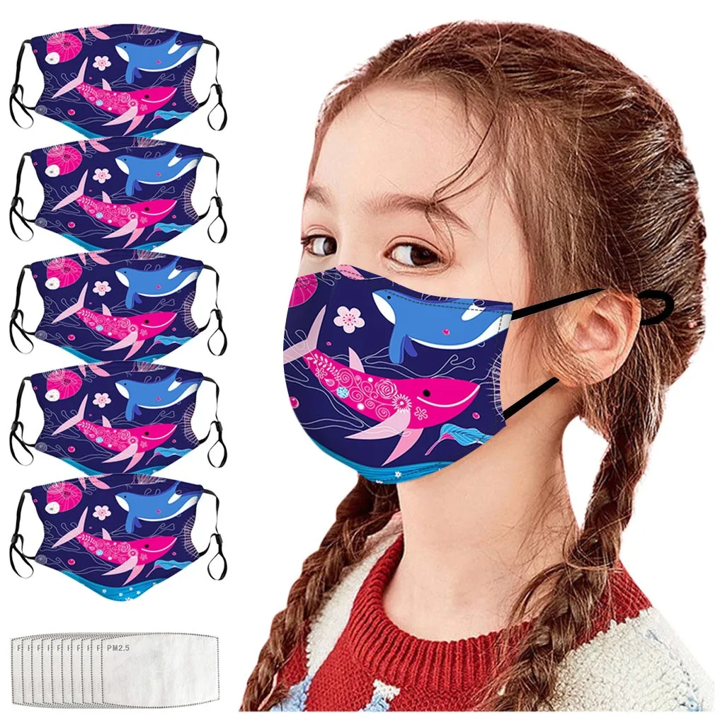 

5pc Mask+10pc Filter Children'S Cartoon Sea Fish Print Outdoor Protective Reusable Mask Child-Friendly Breathable Comfort Mask