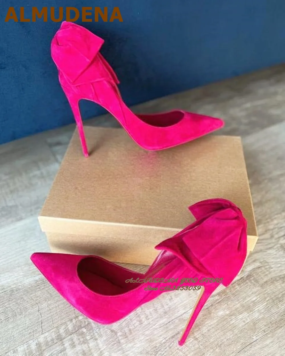 

ALMUDENA Pink Suede Butterfly-knot Pointed Toe Pumps Sky High Stilettos Shallow Banquet Shoes Women Slip-on Bowtie Wedding Heels