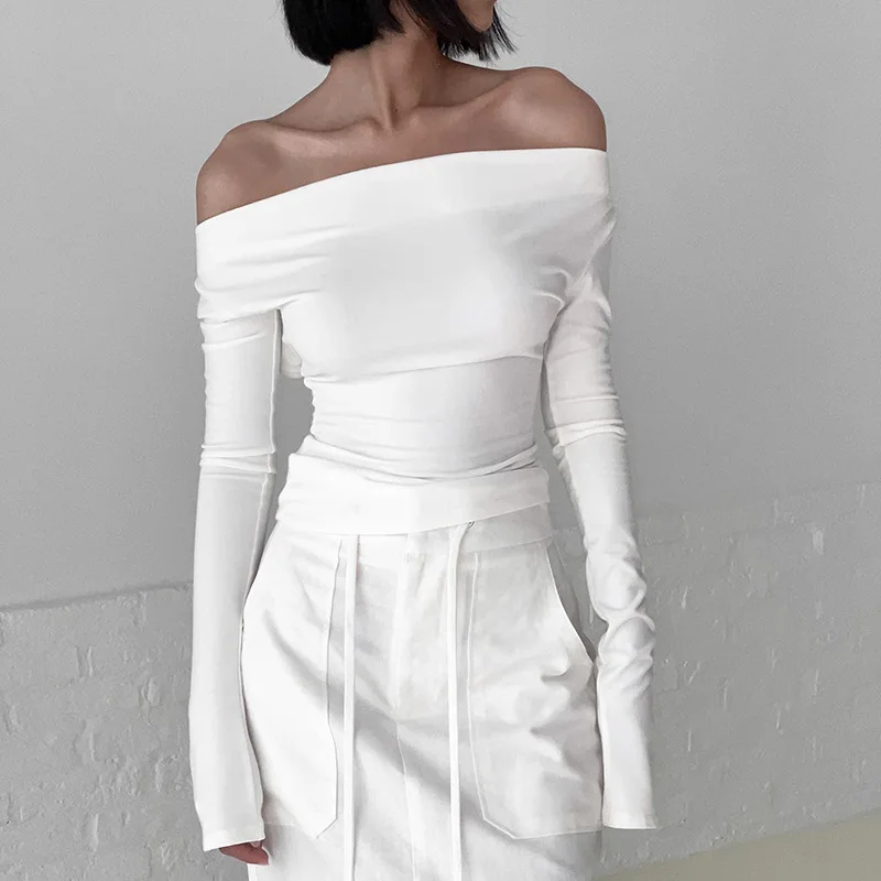 

Женские шикарные топы с открытой спиной и длинным рукавом, Осенние однотонные приталенные базовые рубашки с воротником-лодочкой и открытыми плечами, женская футболка, уличная одежда