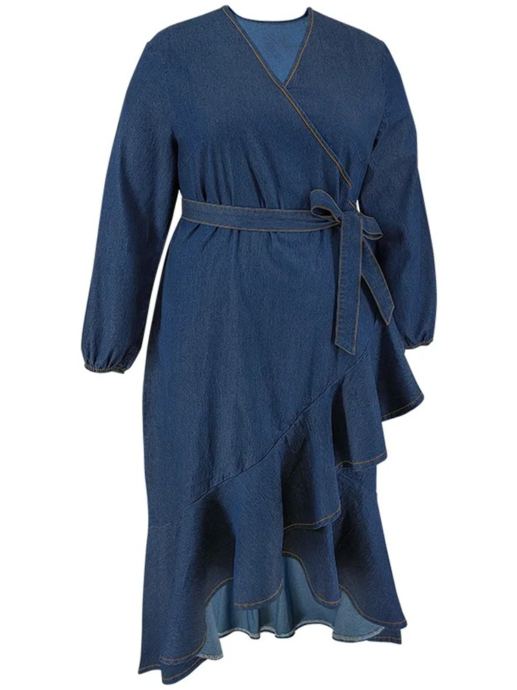 Wmstar Plus Size Autumn  Women Fashion Denim Straps Long Sleeves V Neck Irregular Long Dresses Over Size Wholesale Dropshipping