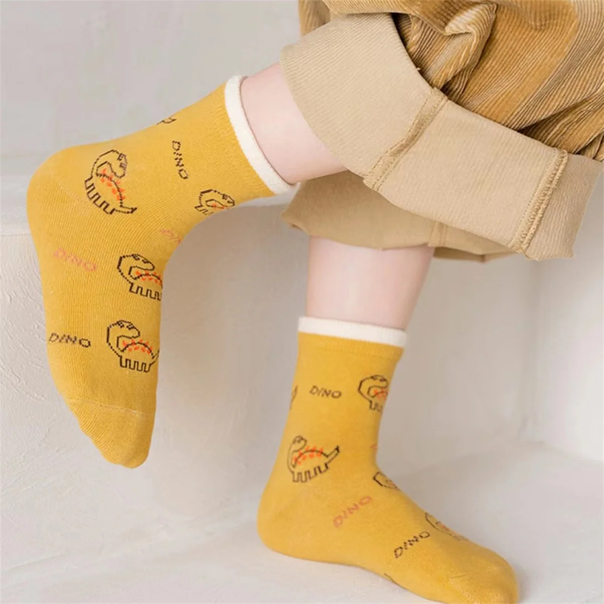 Kids Socks 5-Piece Set Autumn And Winter Cartoon Toddler Dinosaur Print Comfortable Stockings Casual Daily Socks All Seasons